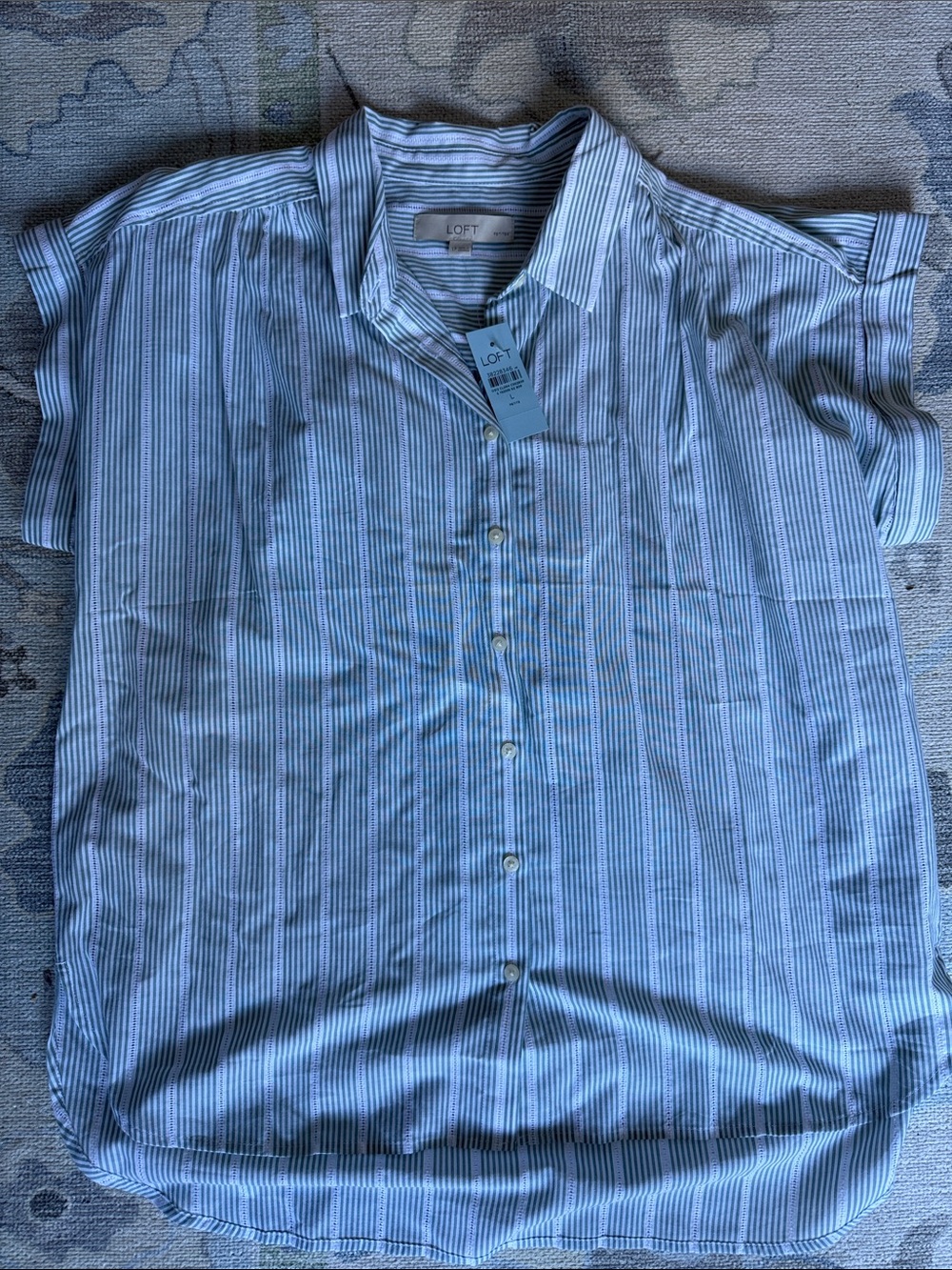 LOFT Blue and White Striped Short-Sleeve Button-Down Shirt